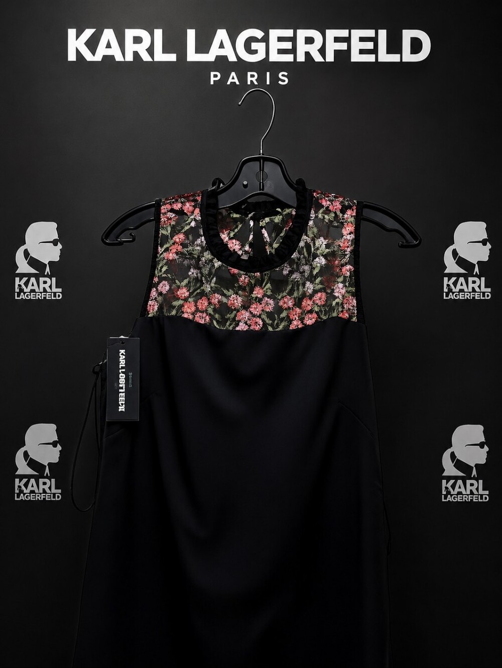Karl Lagerfeld Black Dress with Pink and Green Floral Lace Yoke